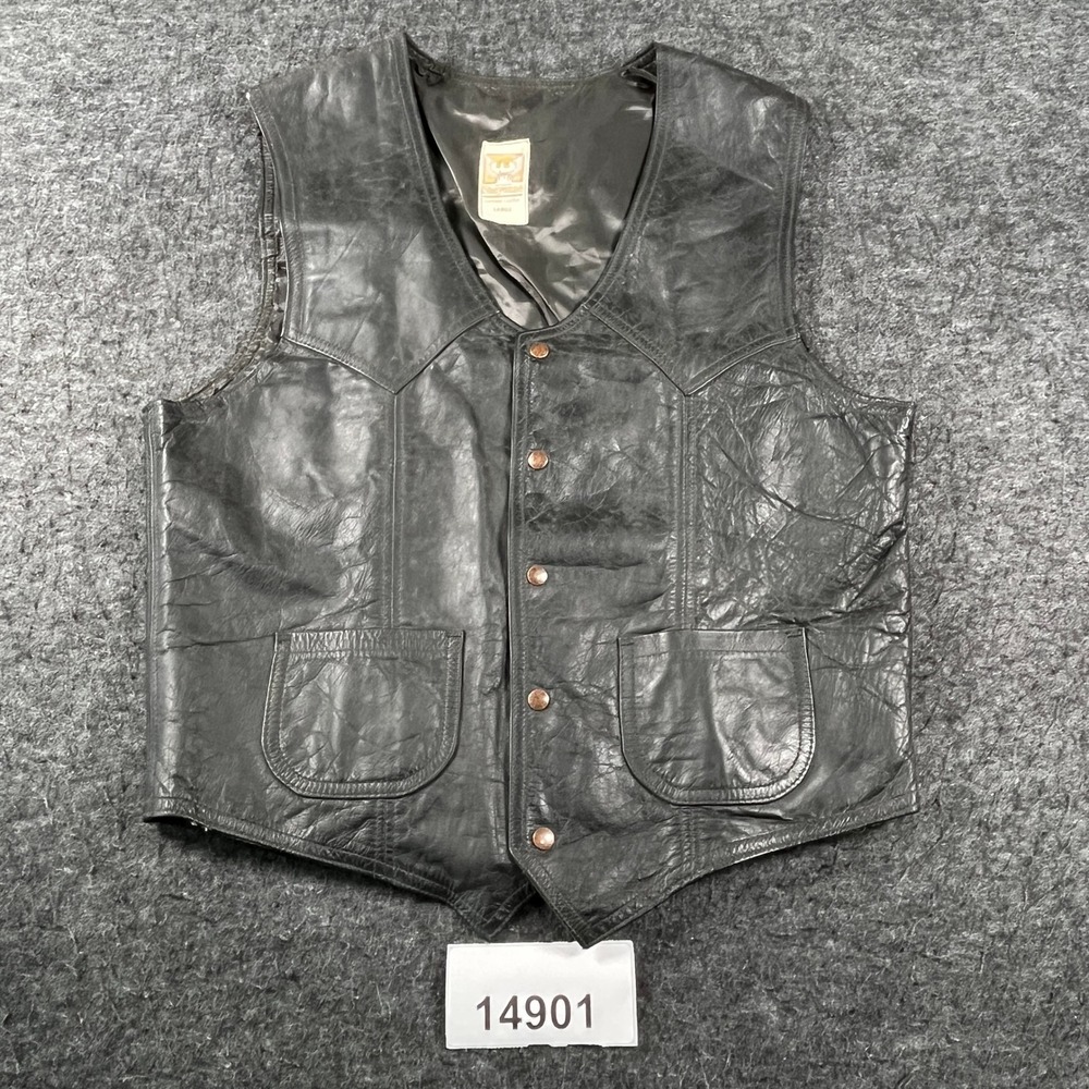 Vintage Sherwin Sheyenne Leather Vest Mens Large Black Good Western Biker Snap